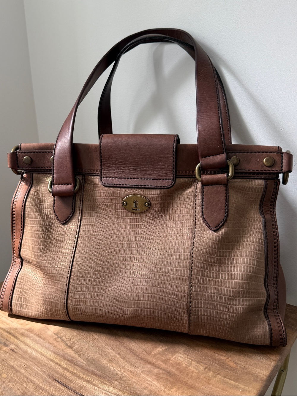 Fossil Vintage Revival Brown & Tan Textured Metallic Leather Satchel